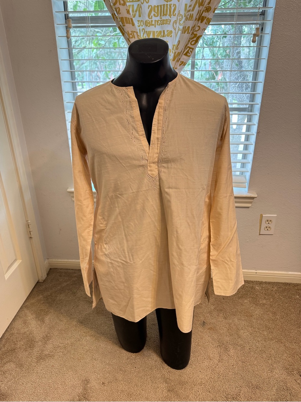 Men's Long-Sleeve V-Neck Tunic Shirt in Light Beige